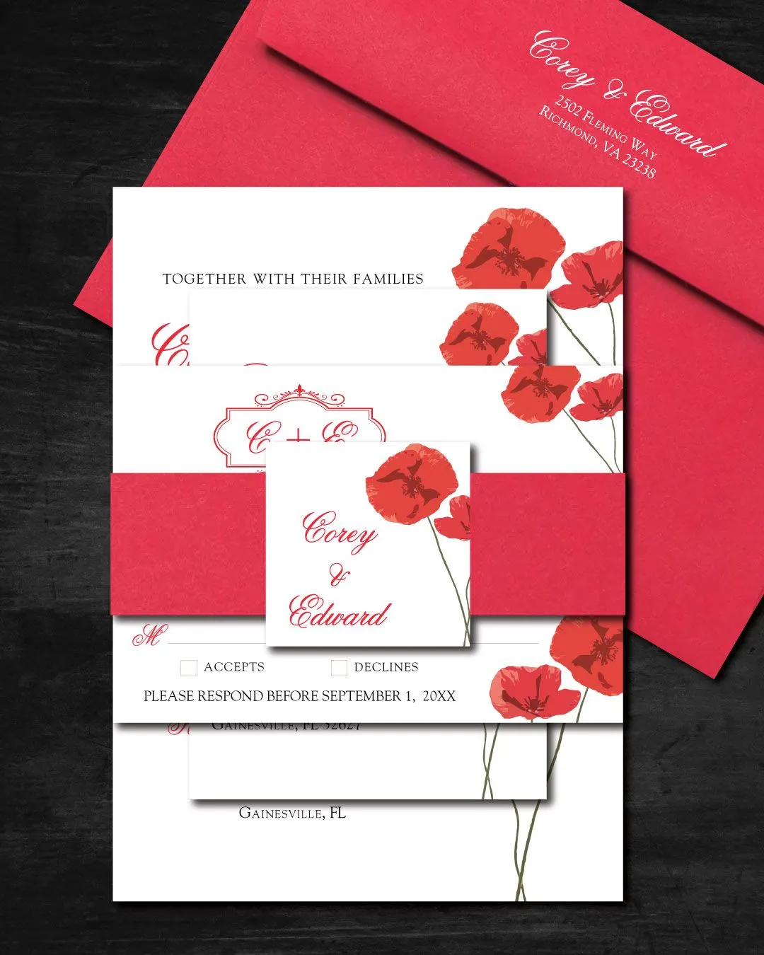 Simple Red Flowers Simple Flat 5x7 Wedding Invitation