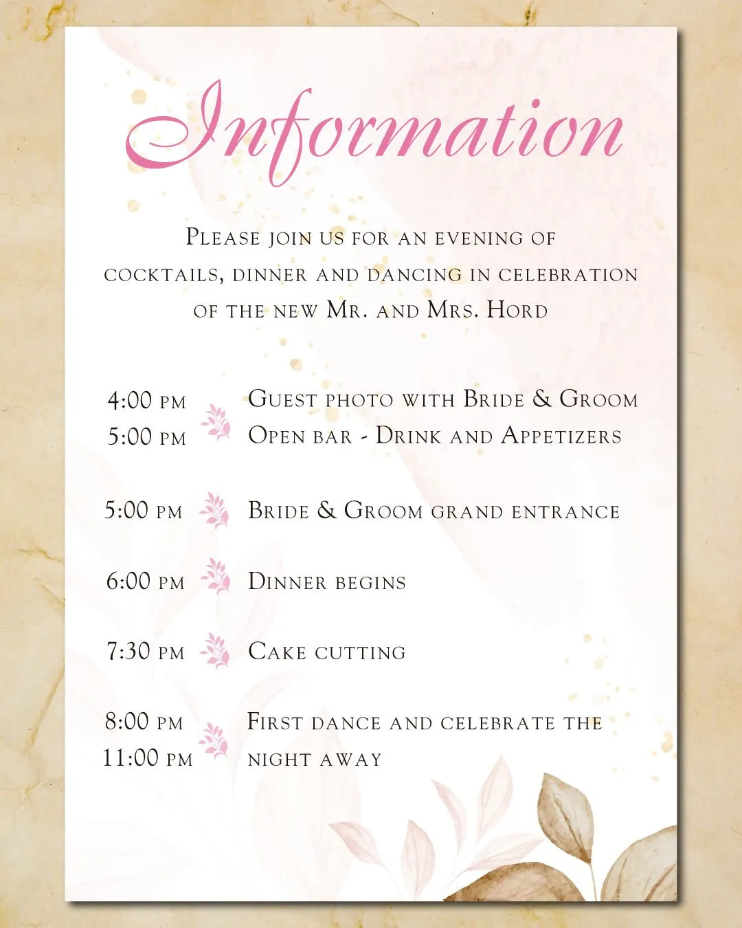 Pink Spring Flowers Simple Flat 5x7 Wedding Invitation