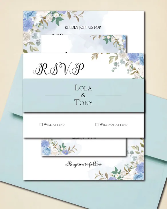 Elegant Blue Flowers Simple Flat 5x7 Wedding Invitation