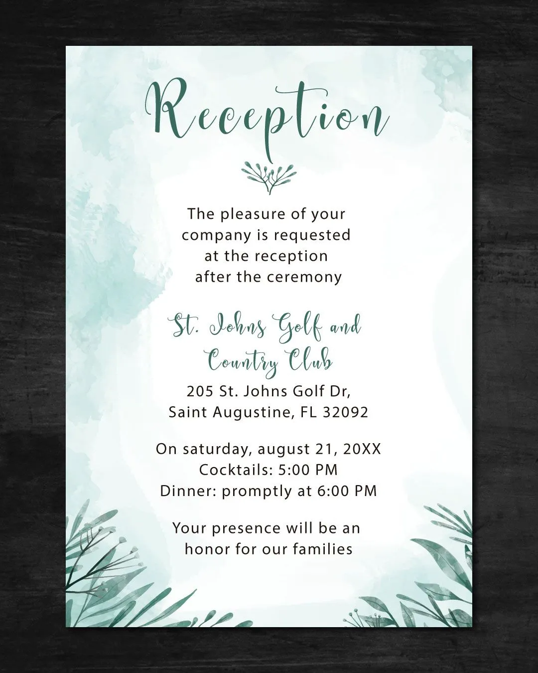 Teal Watercolor Simple Flat 5x7 Wedding Invitation