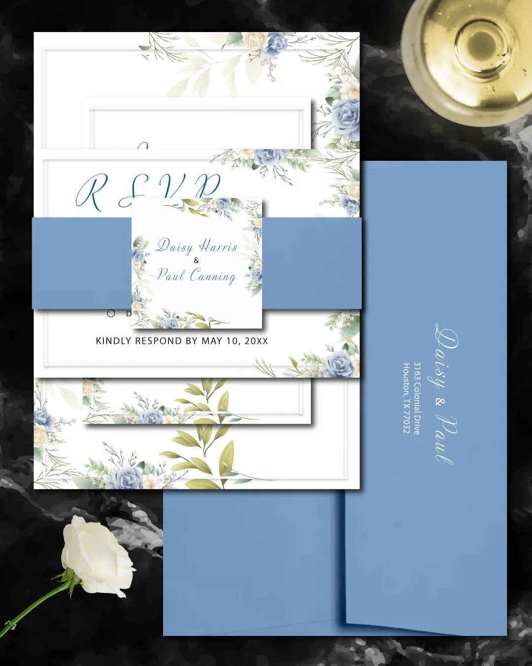 Blue Flowers Simple Flat 5x7 Wedding Invitation