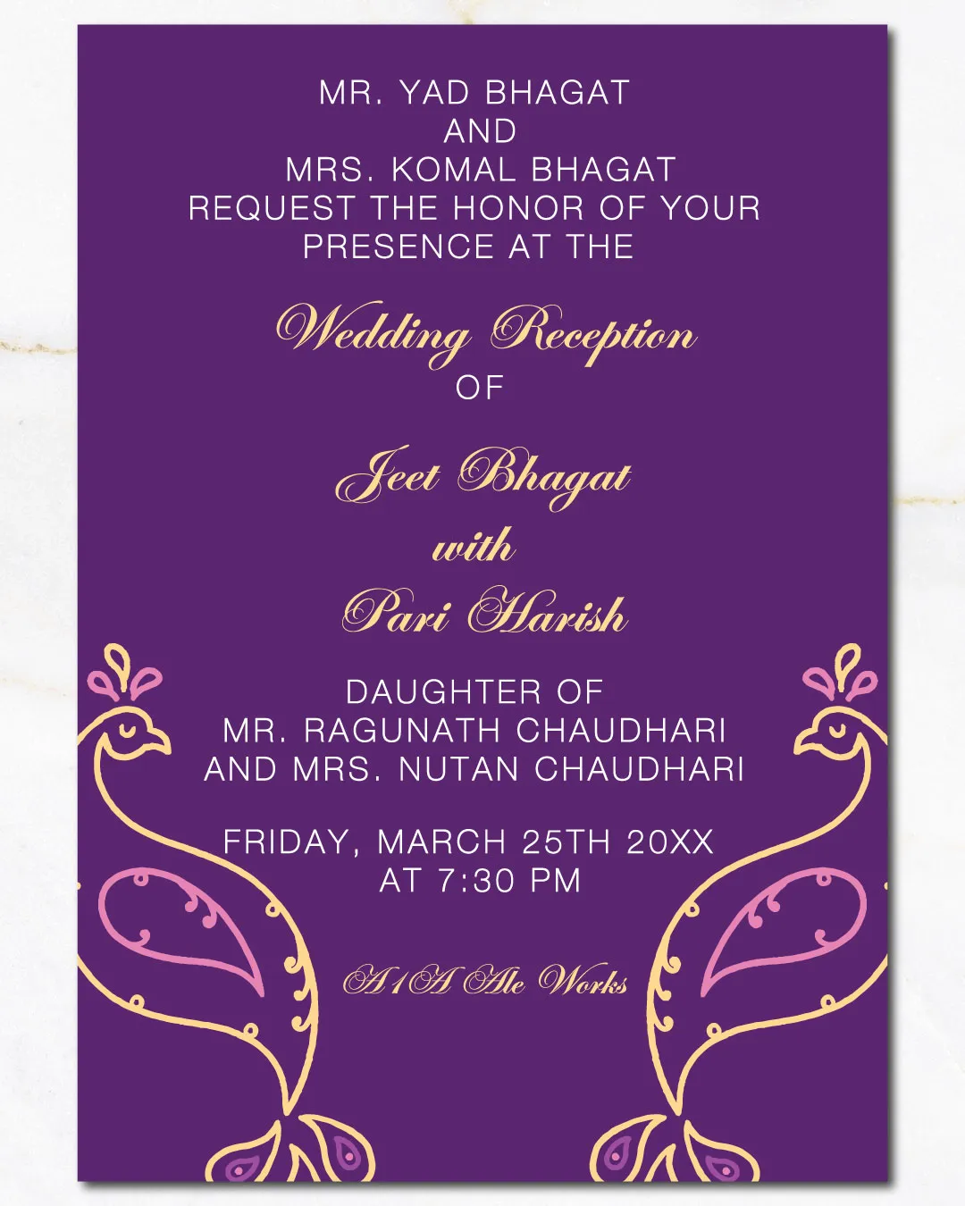 Purple Peacock Silhouettes Indian Wedding Invitation