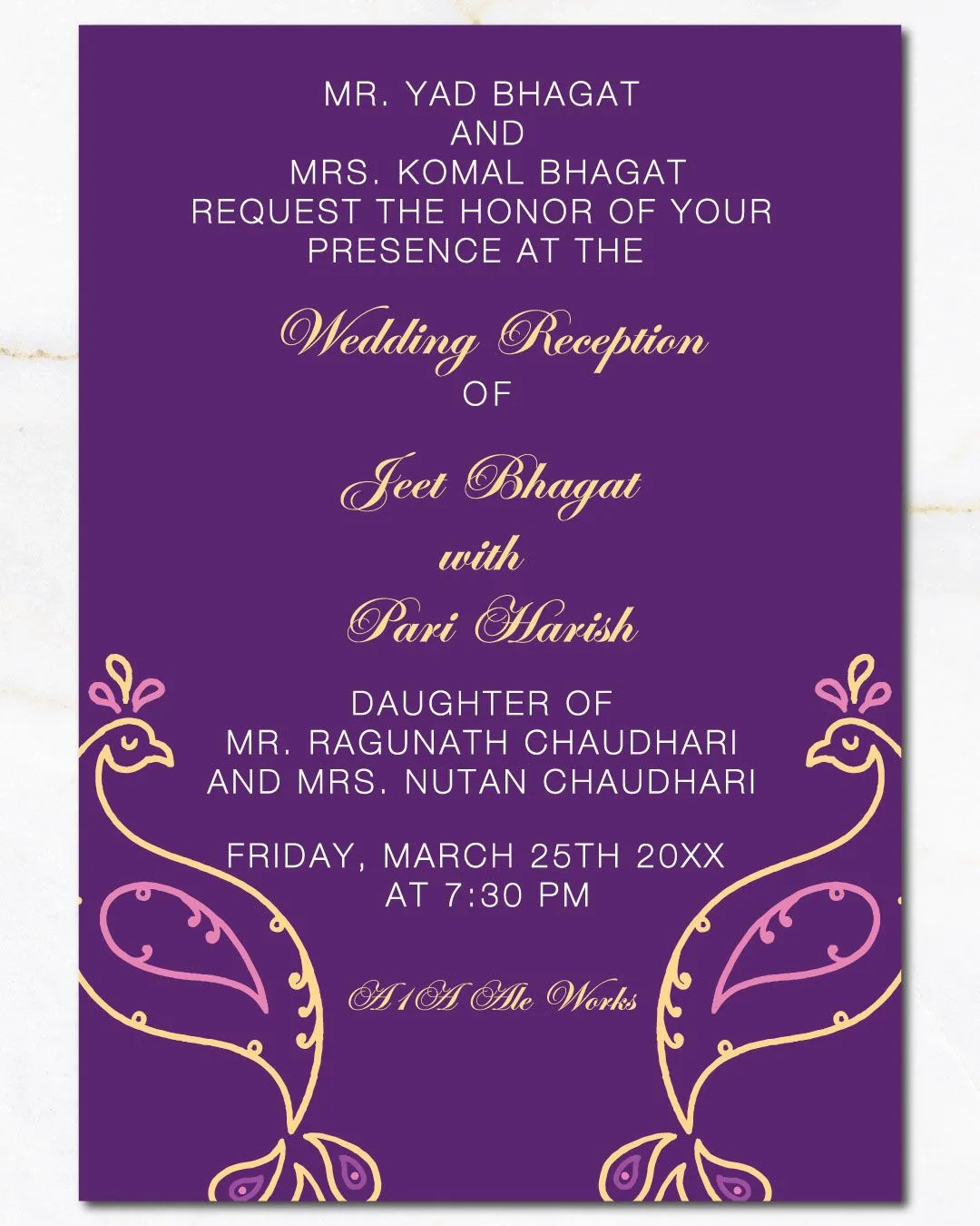Purple Peacock Silhouettes Indian Wedding Invitation