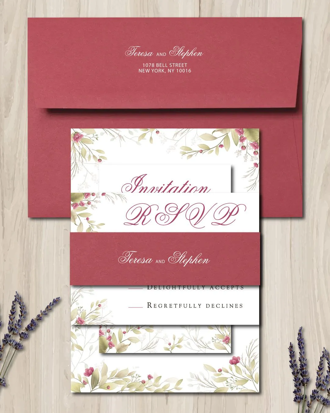 Burgundy Leaves Simple Flat 5x7 Wedding Invitation