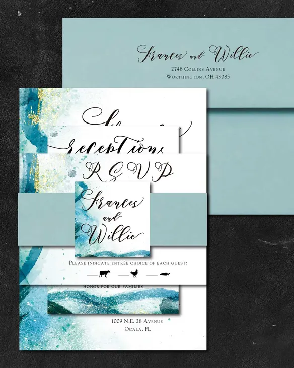 Sparkling Blue Watercolor Simple Flat 5x7 Wedding Invitation