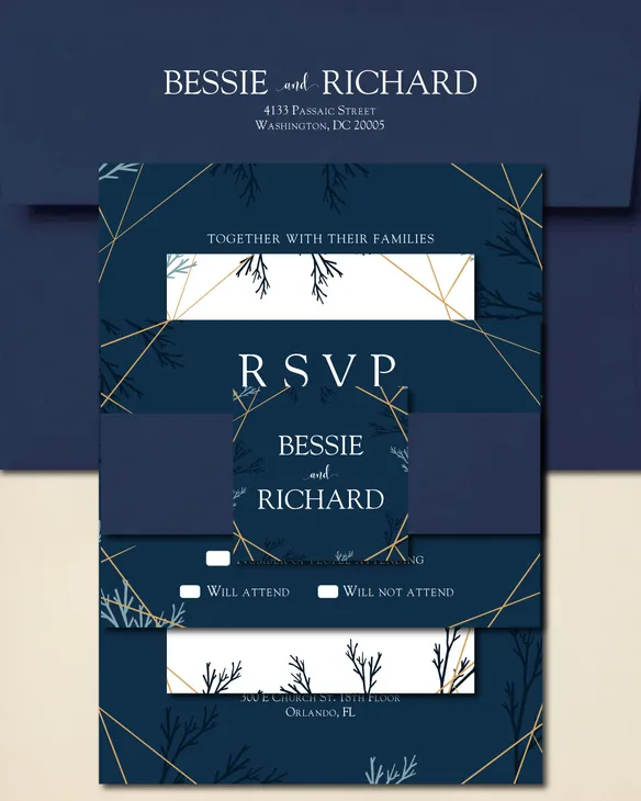 Golden Frame and Leaves Simple Flat 5x7 Wedding Invitation