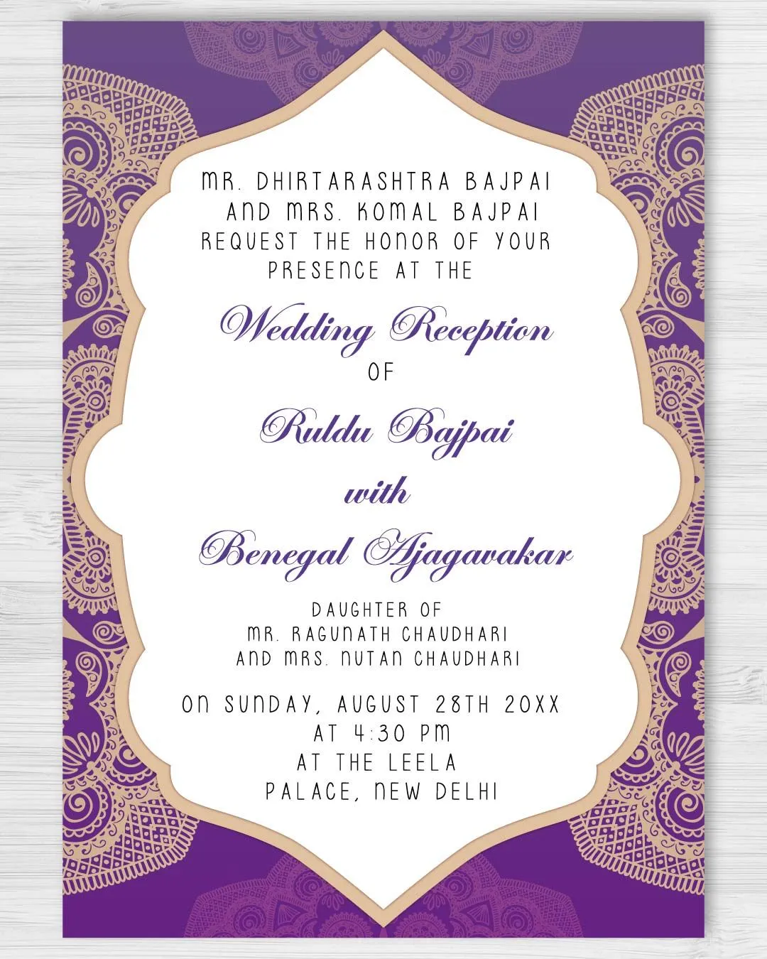 Purple and Golden Indian Wedding Invitation