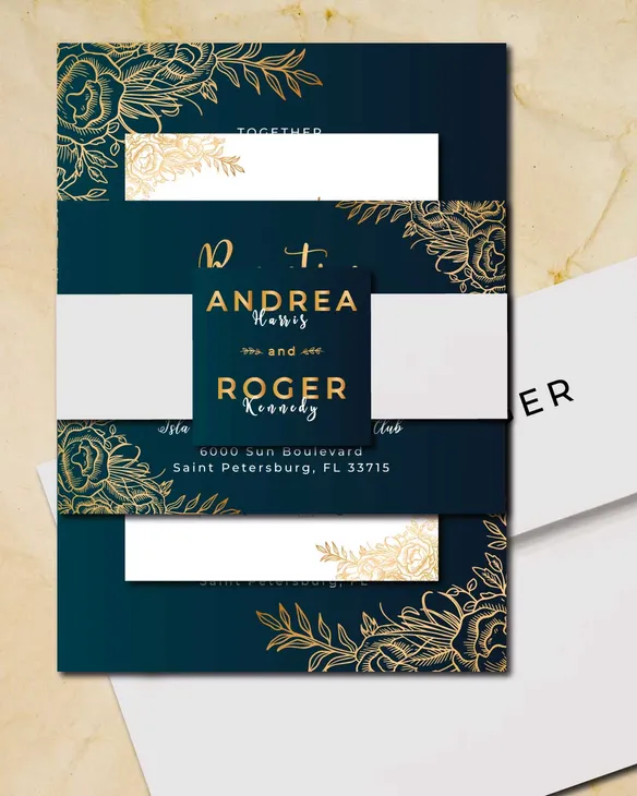 Golden Corner Flowers Simple Flat 5x7 Wedding Invitation