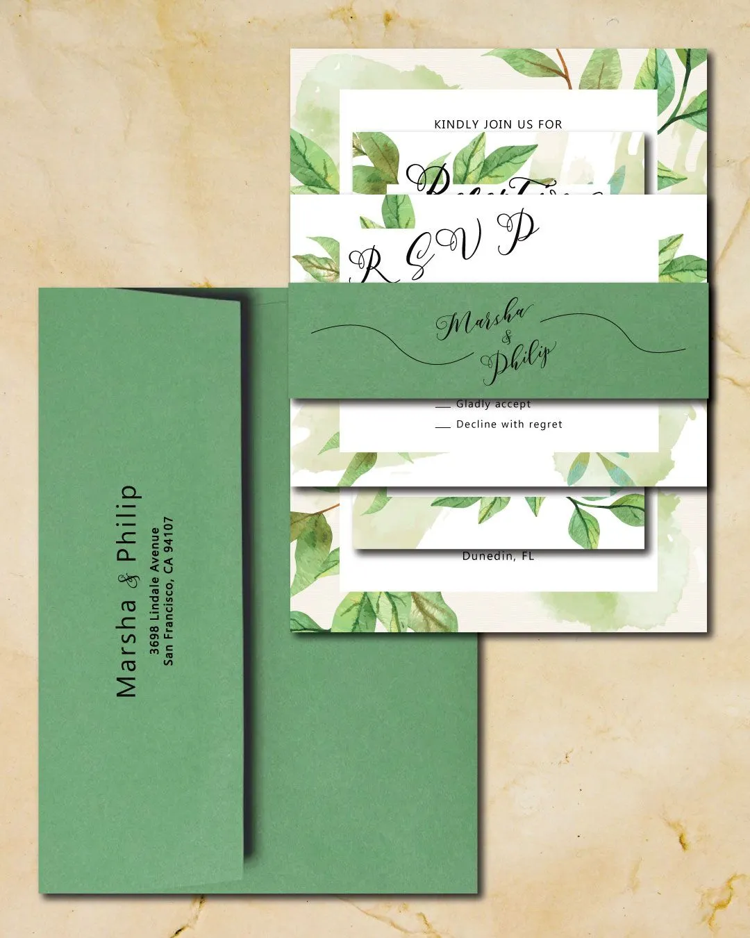 Rustic Green Leaves Simple Flat 5x7 Wedding Invitation