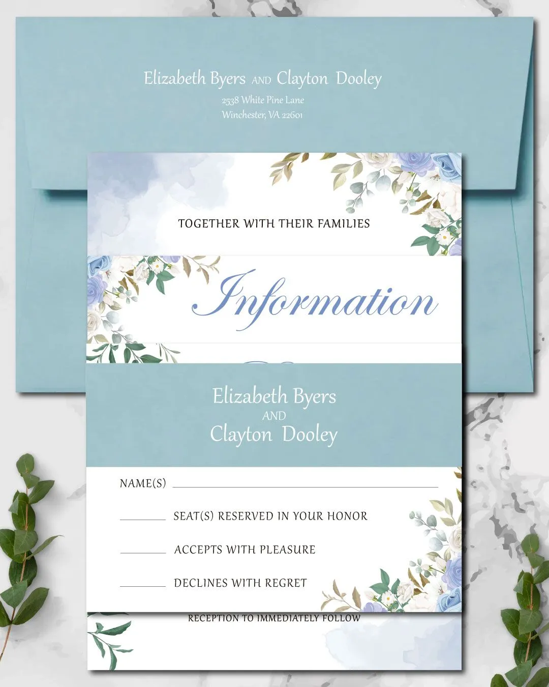 Blue Flowers and Leaves Simple Flat 5x7 Wedding Invitation