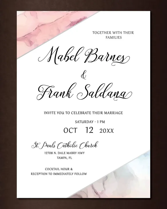 Pink and Gray Marble Simple Flat 5x7 Wedding Invitation