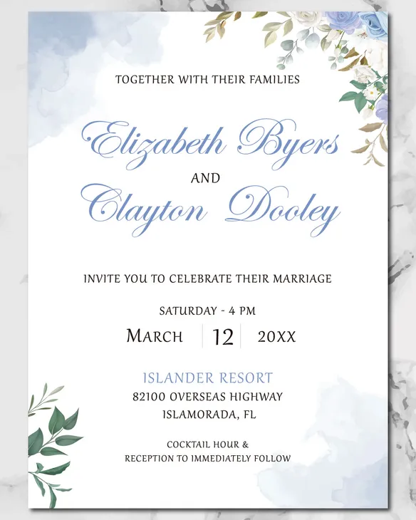 Blue Flowers and Leaves Simple Flat 5x7 Wedding Invitation