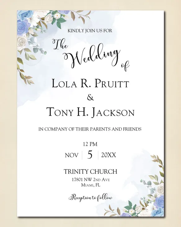 Elegant Blue Flowers Simple Flat 5x7 Wedding Invitation