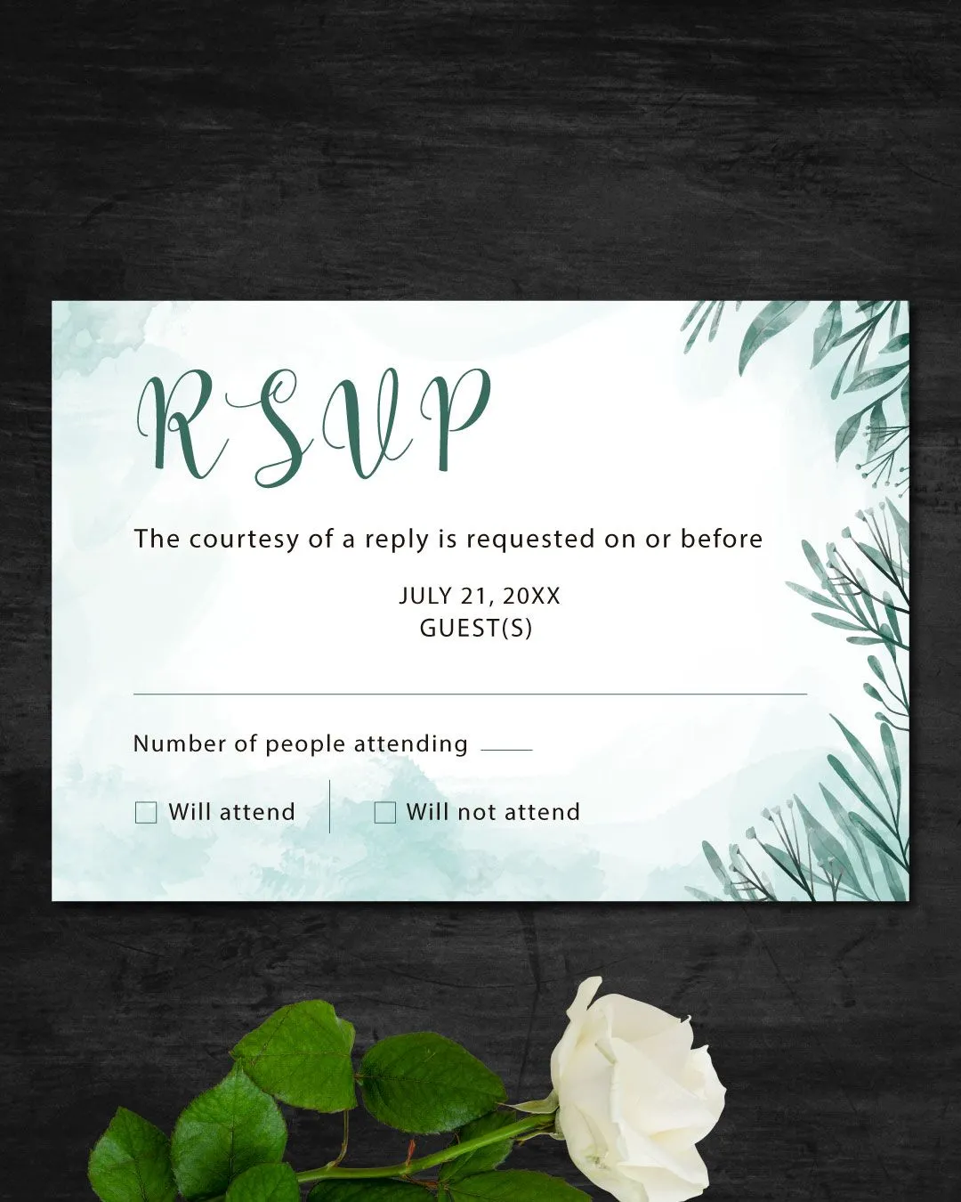 Teal Watercolor Simple Flat 5x7 Wedding Invitation