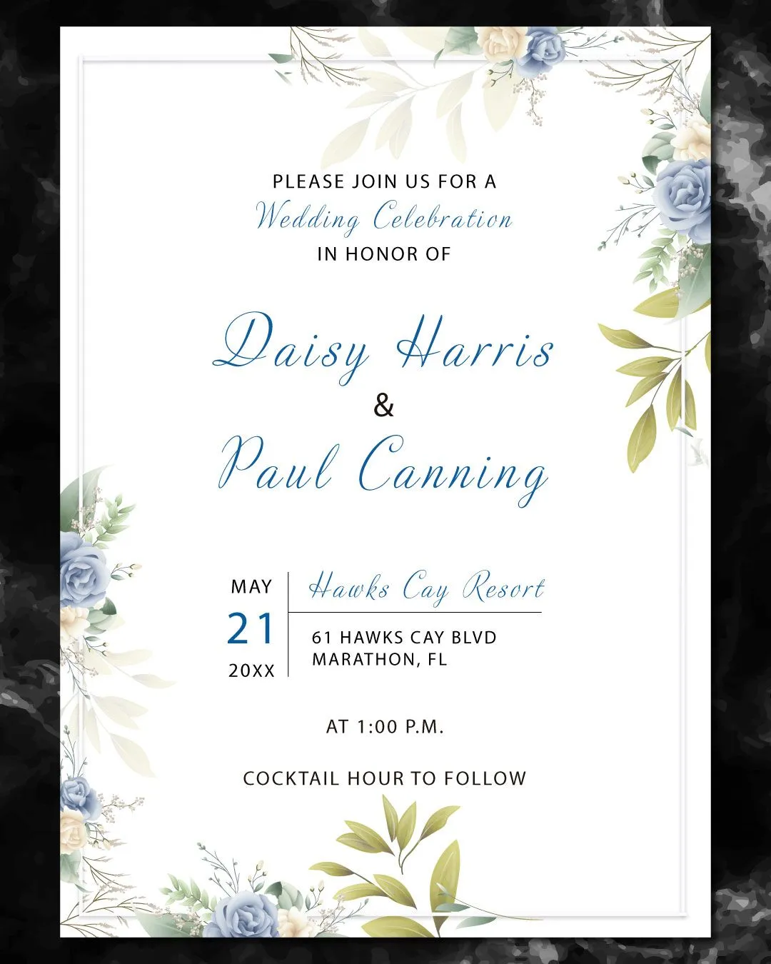 Blue Flowers Simple Flat 5x7 Wedding Invitation