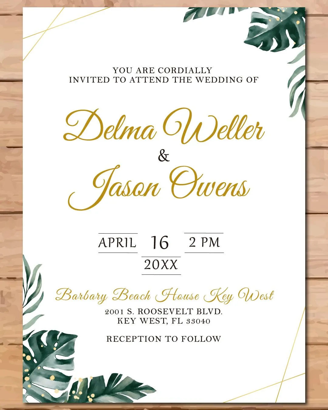 Tropical Leaves Simple Flat 5x7 Wedding Invitation