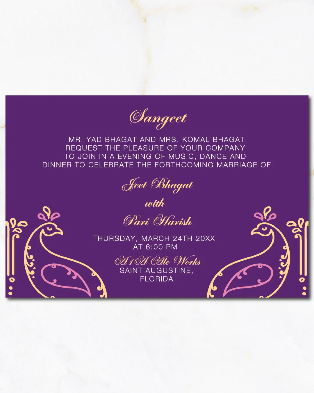 Purple Peacock Silhouettes Indian Wedding Invitation