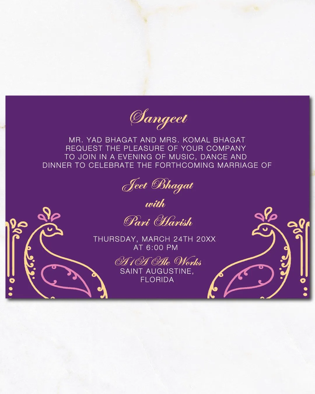 Purple Peacock Silhouettes Indian Wedding Invitation