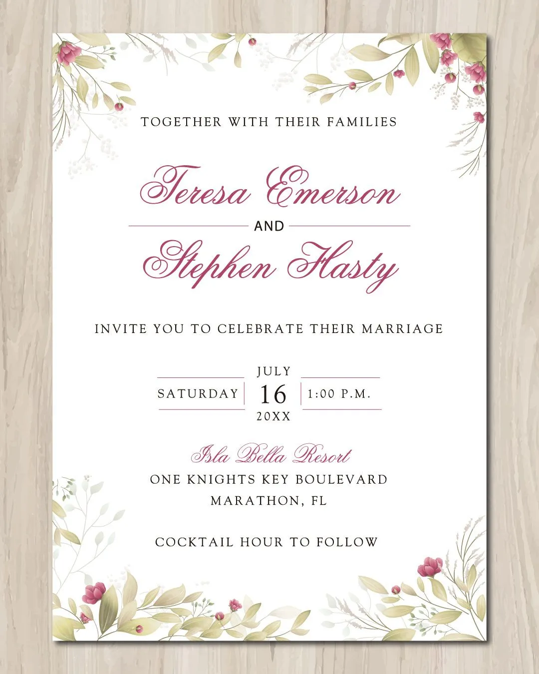 Burgundy Leaves Simple Flat 5x7 Wedding Invitation