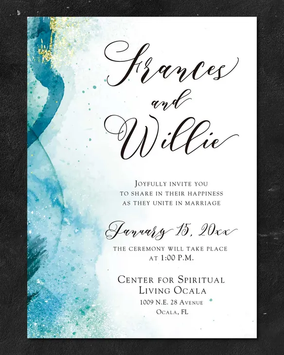 Sparkling Blue Watercolor Simple Flat 5x7 Wedding Invitation
