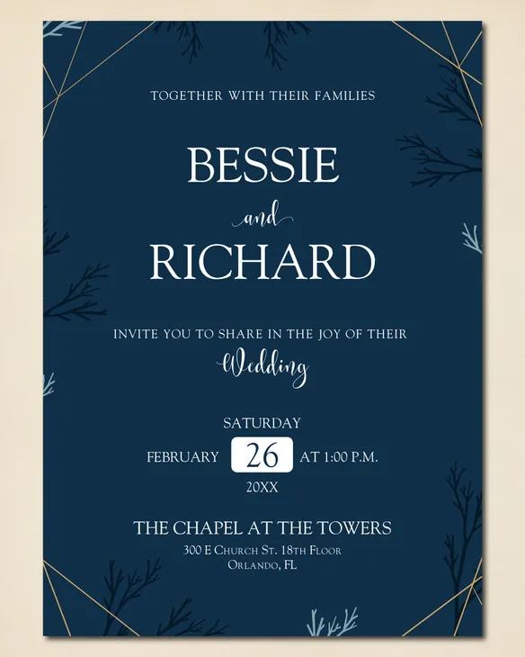 Golden Frame and Leaves Simple Flat 5x7 Wedding Invitation