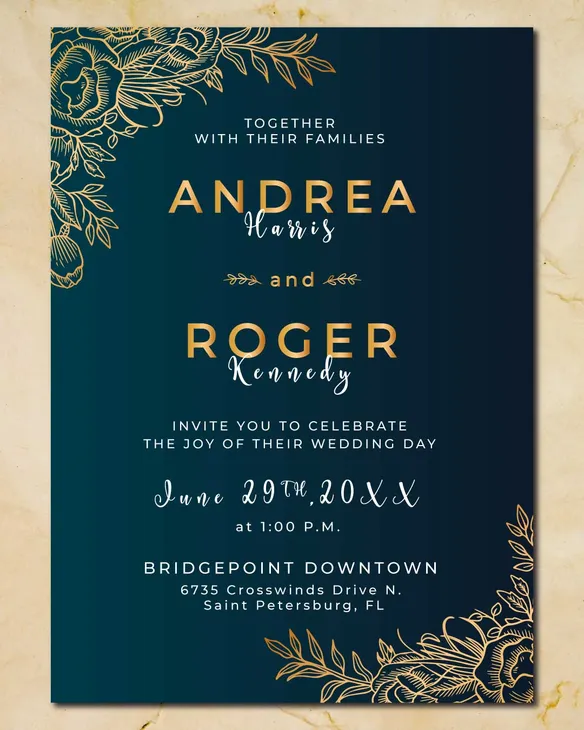 Golden Corner Flowers Simple Flat 5x7 Wedding Invitation