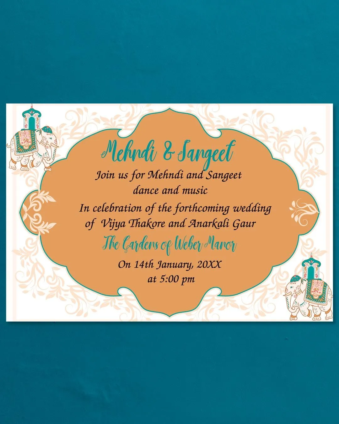Turquoise Indian Leaves Wedding Invitation