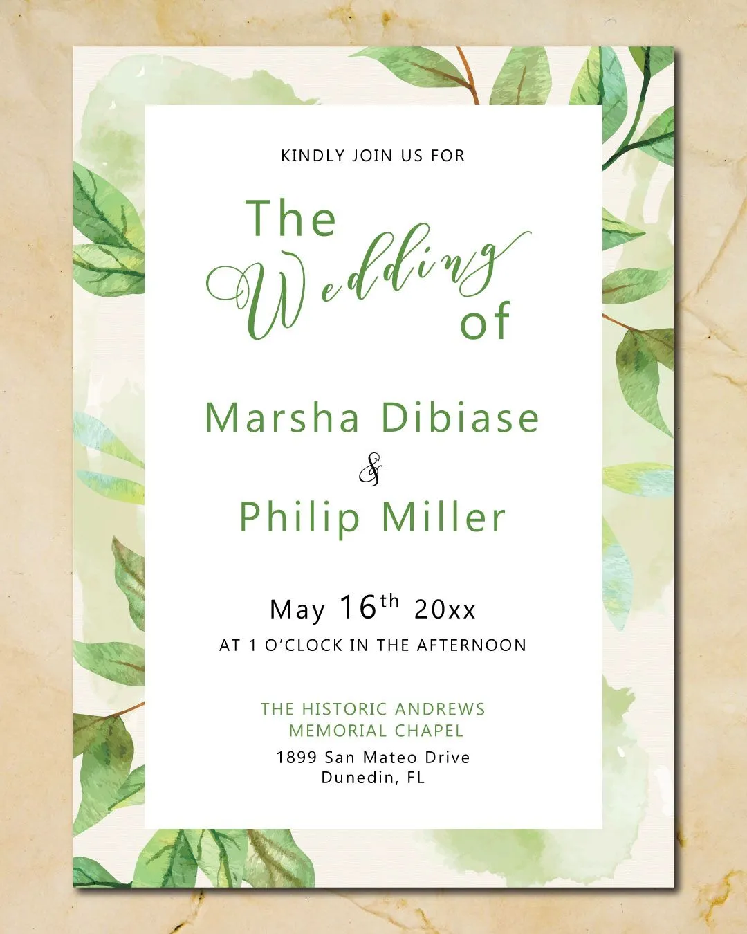 Rustic Green Leaves Simple Flat 5x7 Wedding Invitation