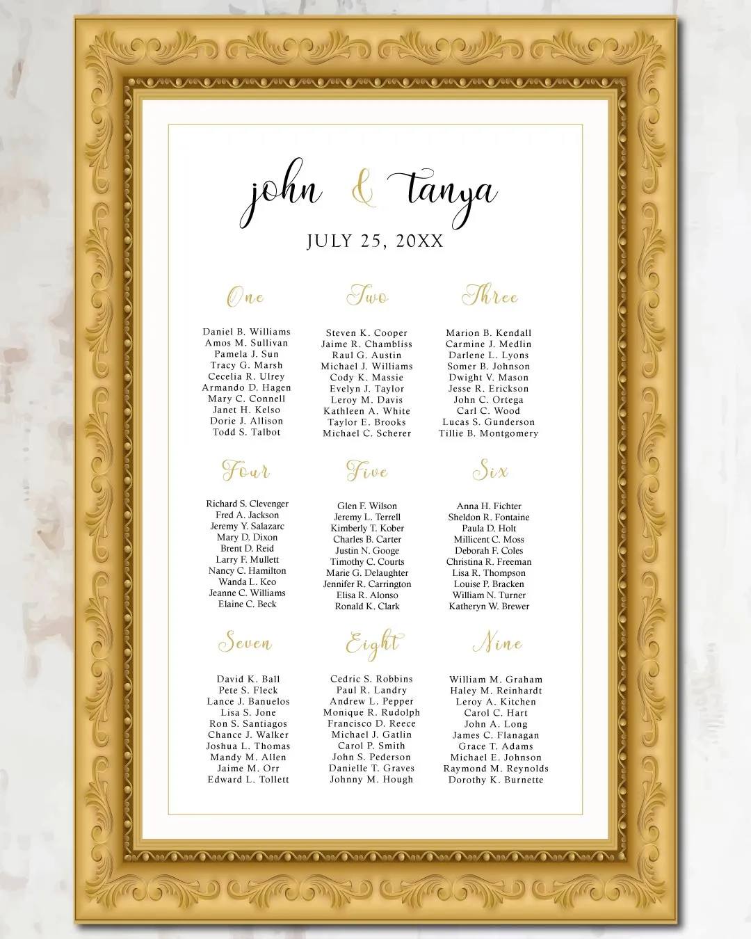 Elegant Golden Frame Seating Charts