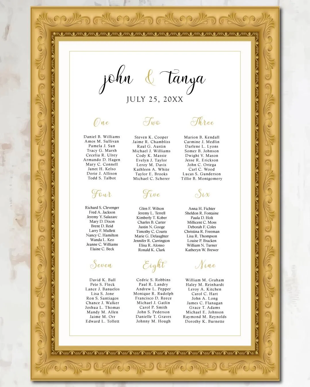 Elegant Golden Frame Seating Charts