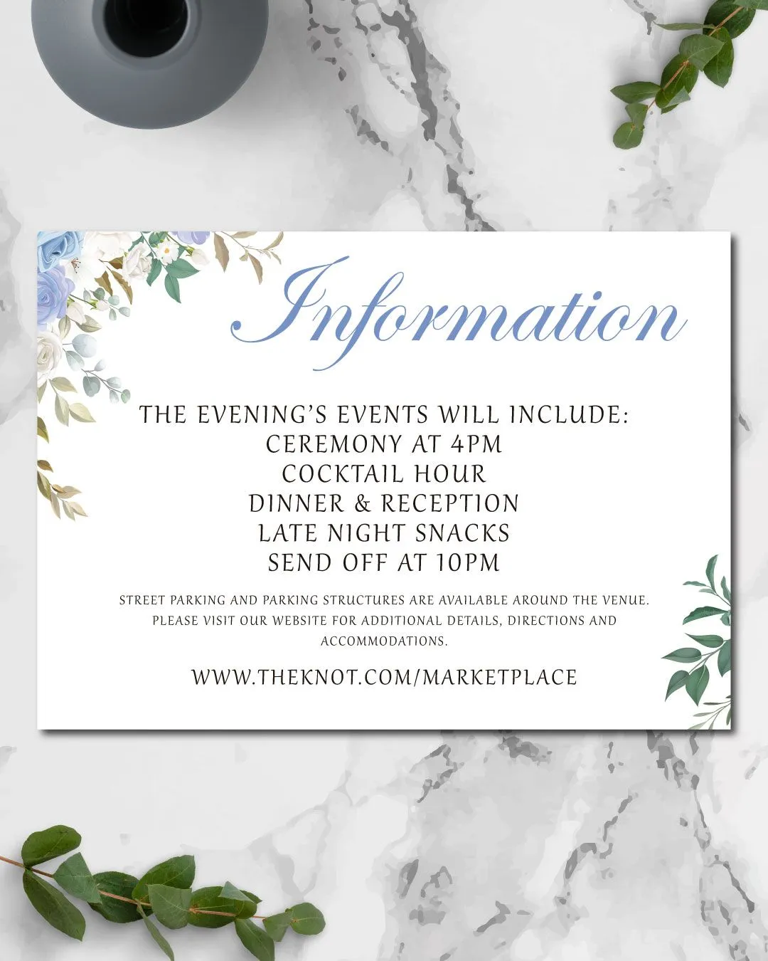 Blue Flowers and Leaves Simple Flat 5x7 Wedding Invitation