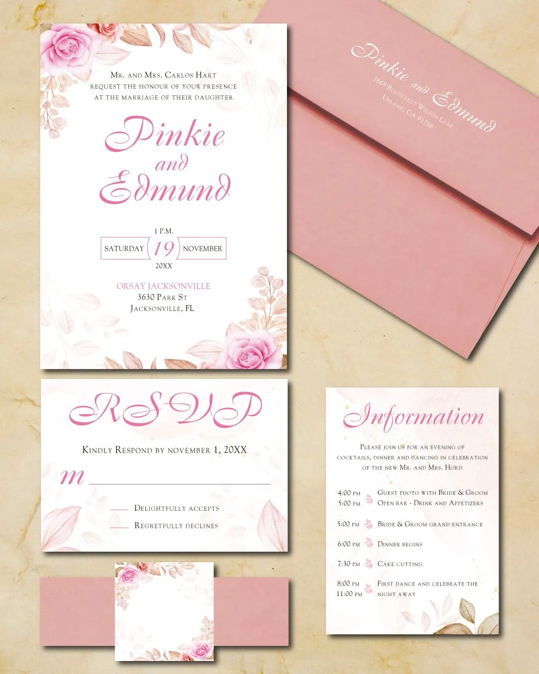Pink Spring Flowers Simple Flat 5x7 Wedding Invitation
