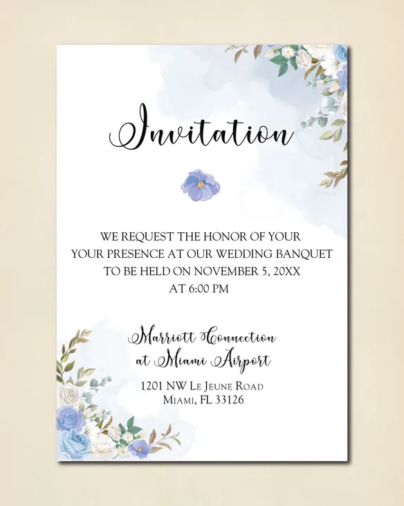 Elegant Blue Flowers Simple Flat 5x7 Wedding Invitation
