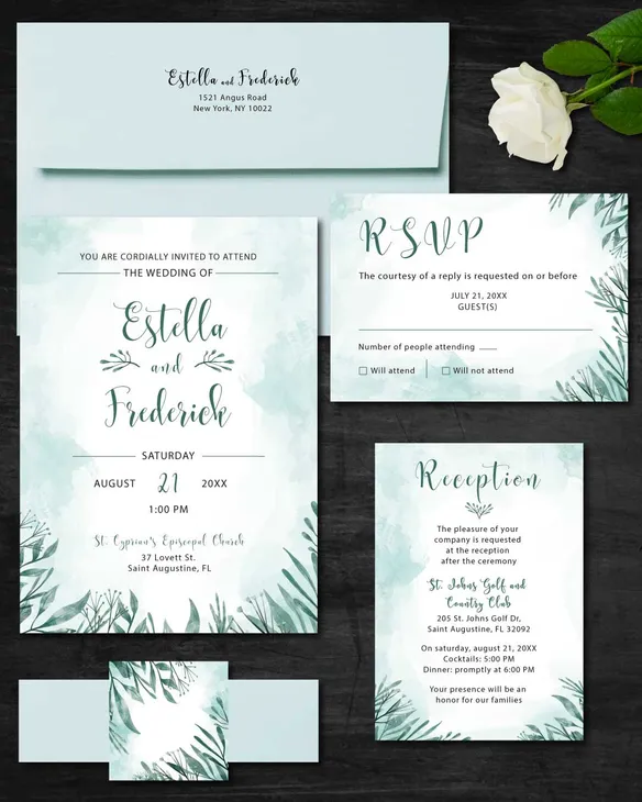 Teal Watercolor Simple Flat 5x7 Wedding Invitation