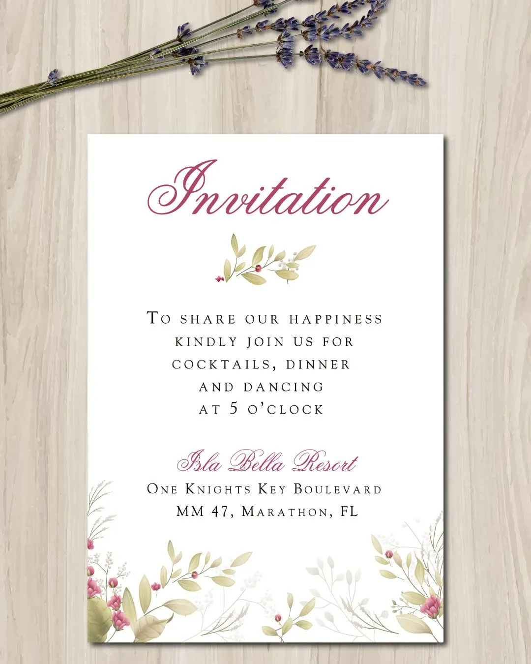 Burgundy Leaves Simple Flat 5x7 Wedding Invitation