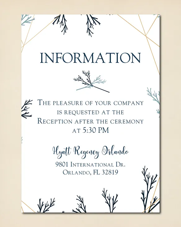 Golden Frame and Leaves Simple Flat 5x7 Wedding Invitation