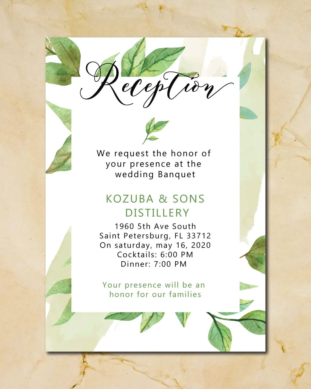 Rustic Green Leaves Simple Flat 5x7 Wedding Invitation