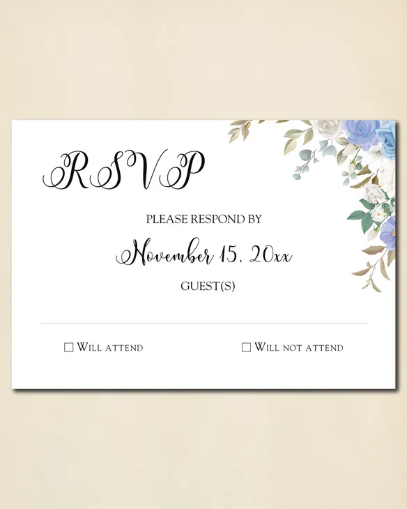 Elegant Blue Flowers Simple Flat 5x7 Wedding Invitation