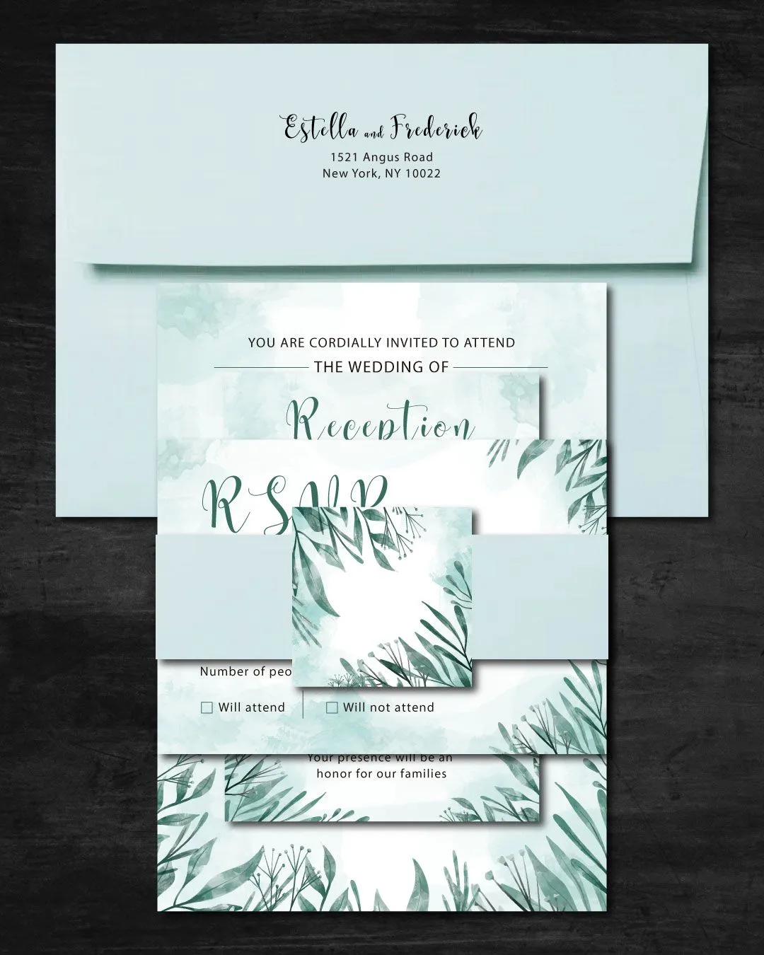 Teal Watercolor Simple Flat 5x7 Wedding Invitation