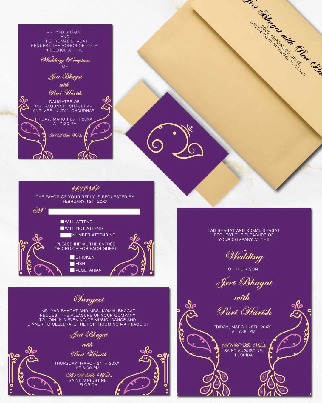 Purple Peacock Silhouettes Indian Wedding Invitation
