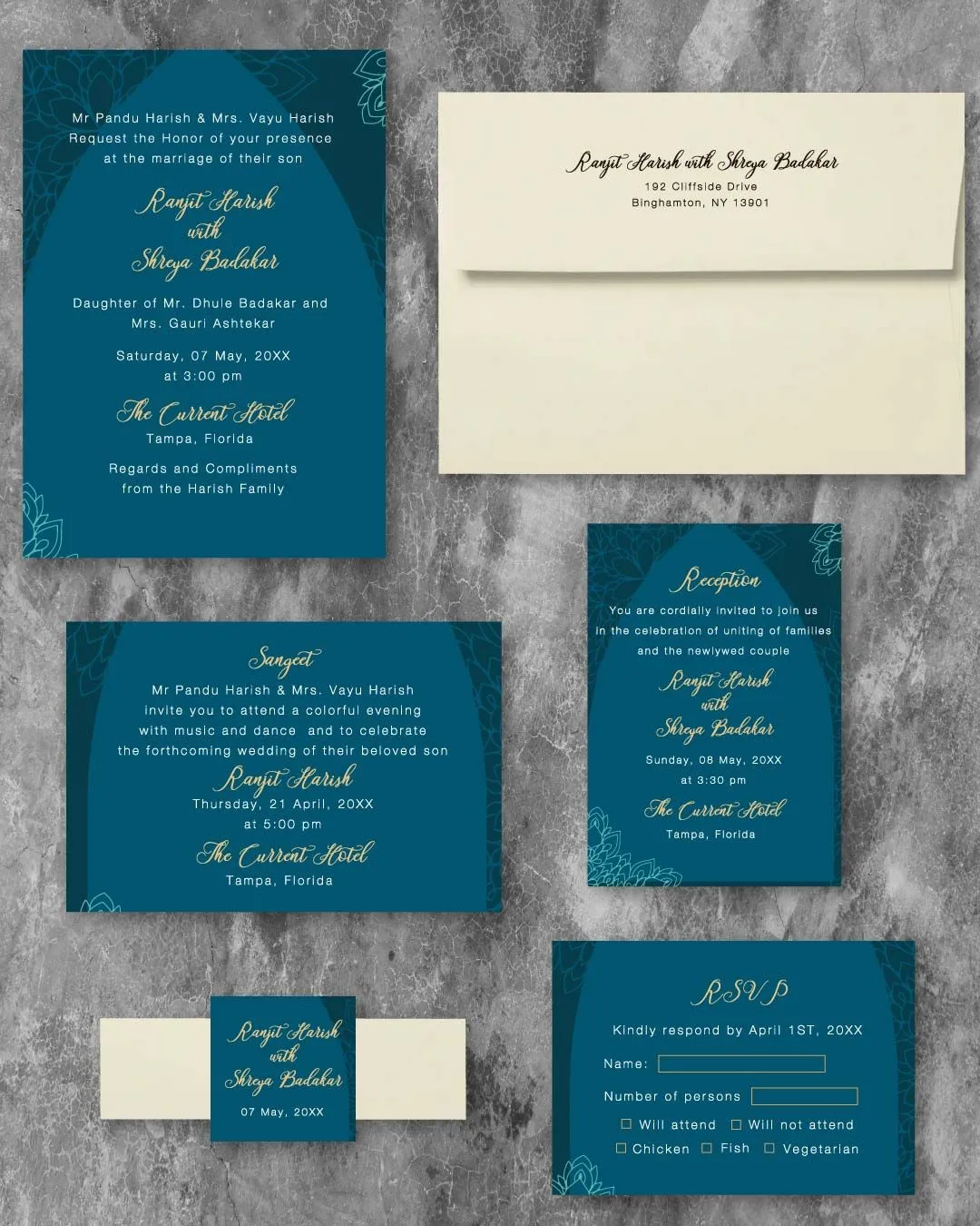 Dark Teal Blooming Indian Wedding Invitation