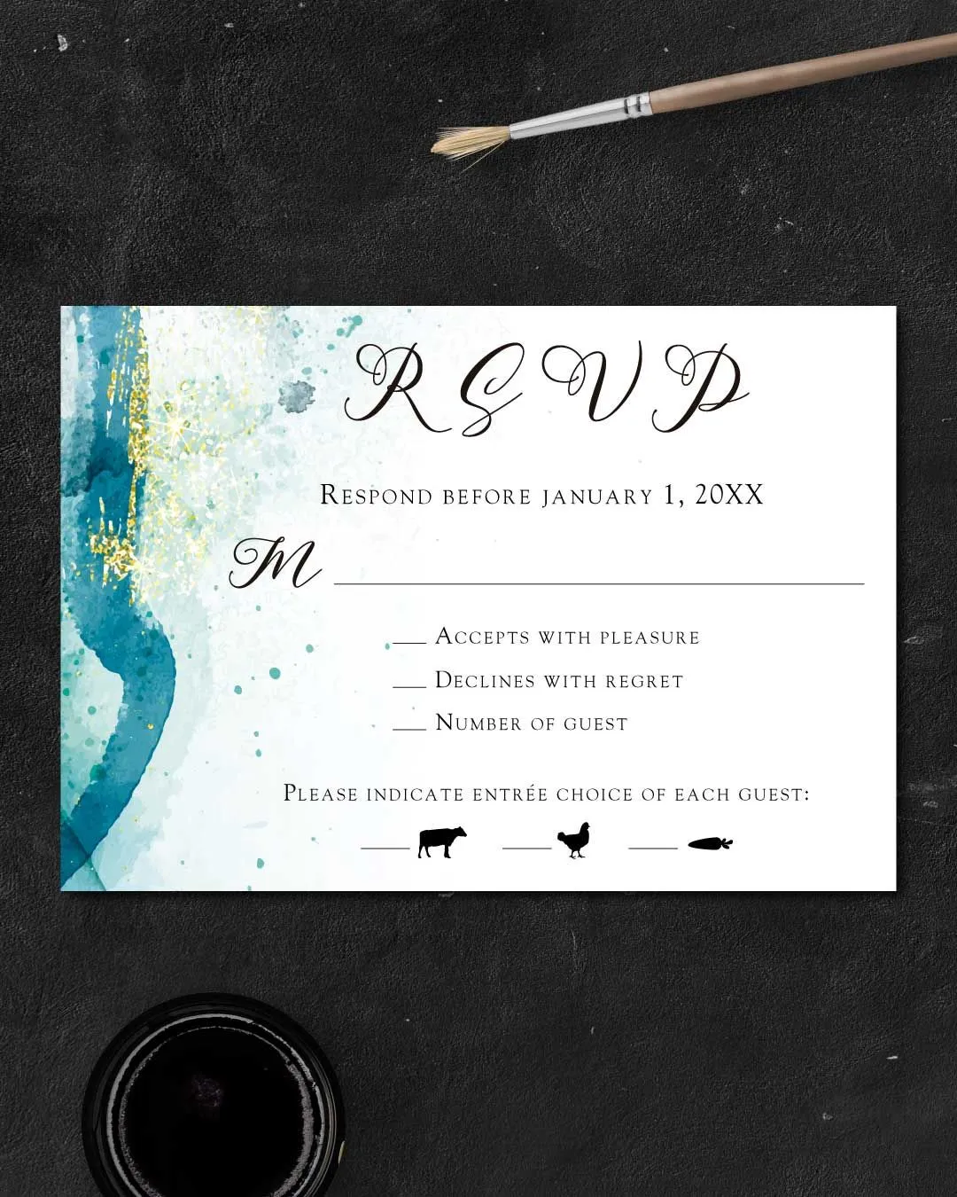 Sparkling Blue Watercolor Simple Flat 5x7 Wedding Invitation