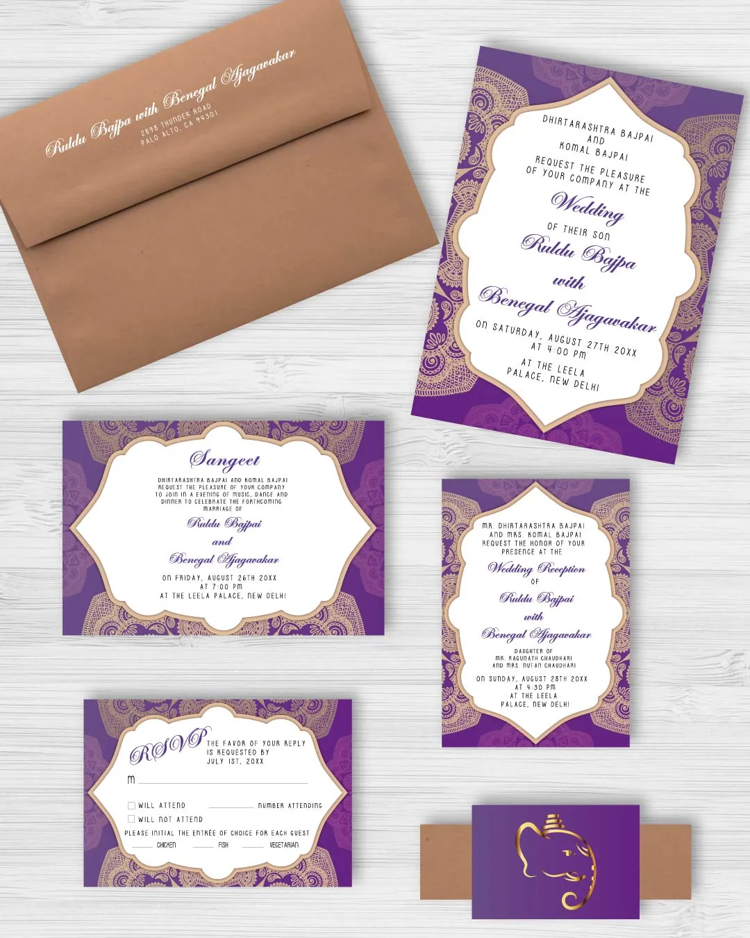 Purple and Golden Indian Wedding Invitation