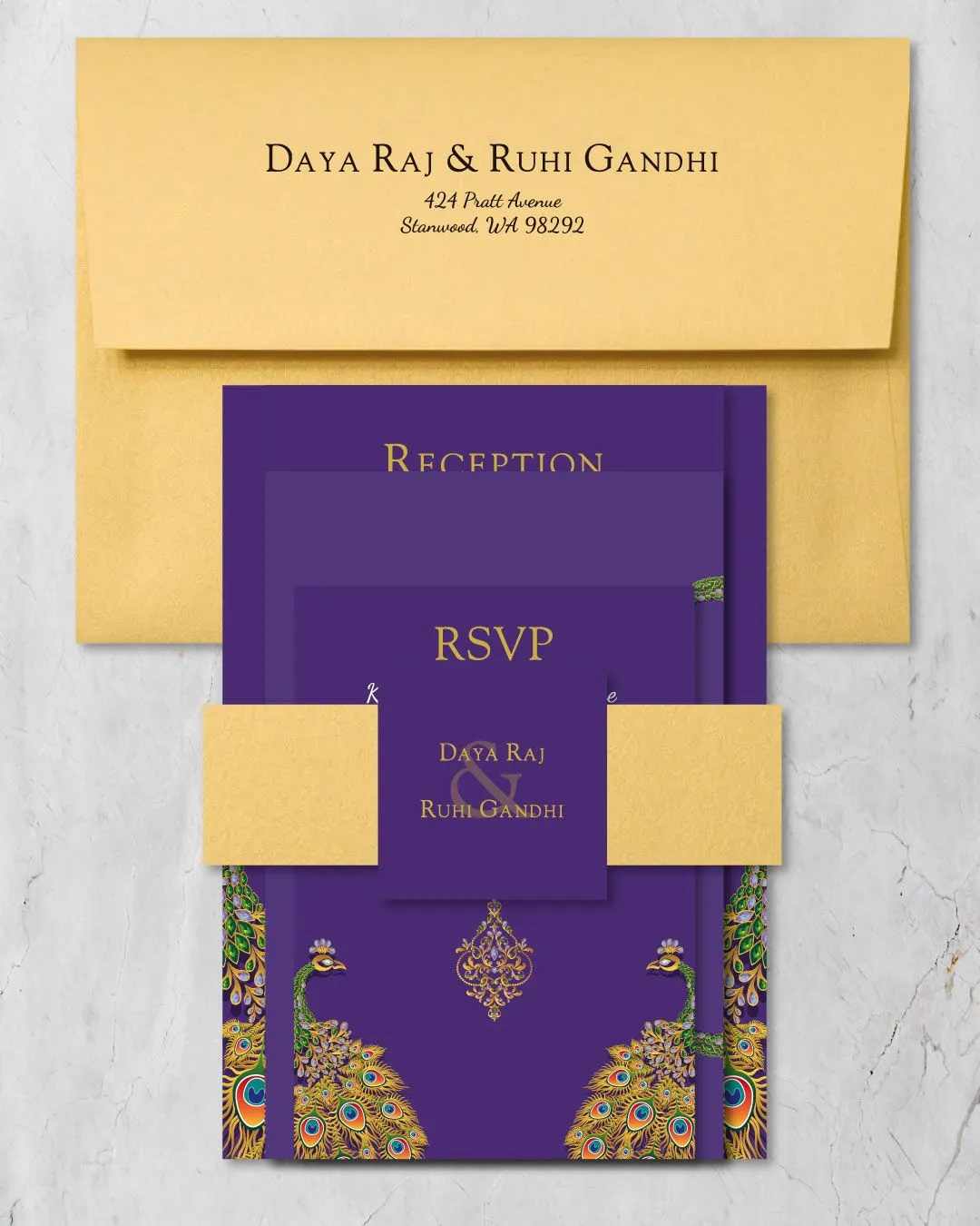 Golden Peacocks Luxurious Indian Wedding Invitation