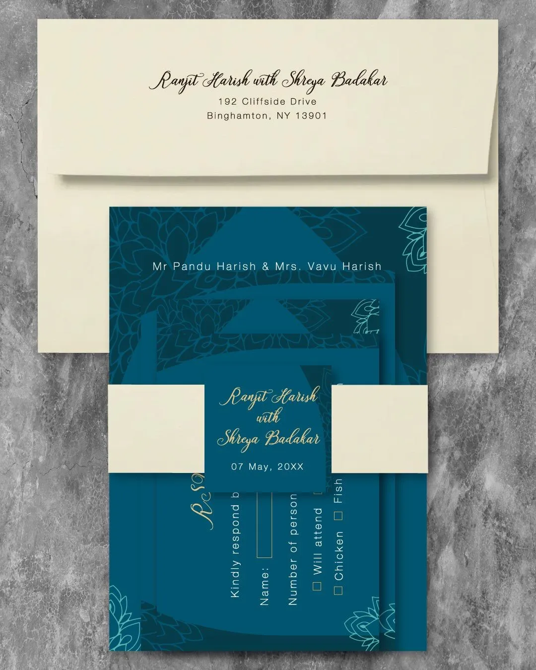 Dark Teal Blooming Indian Wedding Invitation