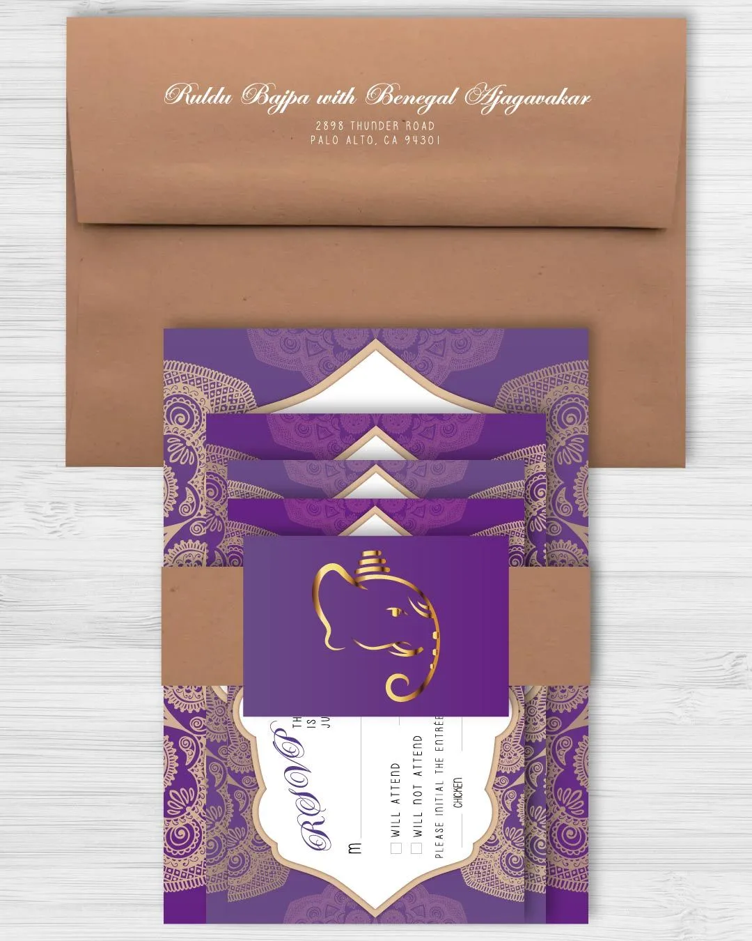 Purple and Golden Indian Wedding Invitation