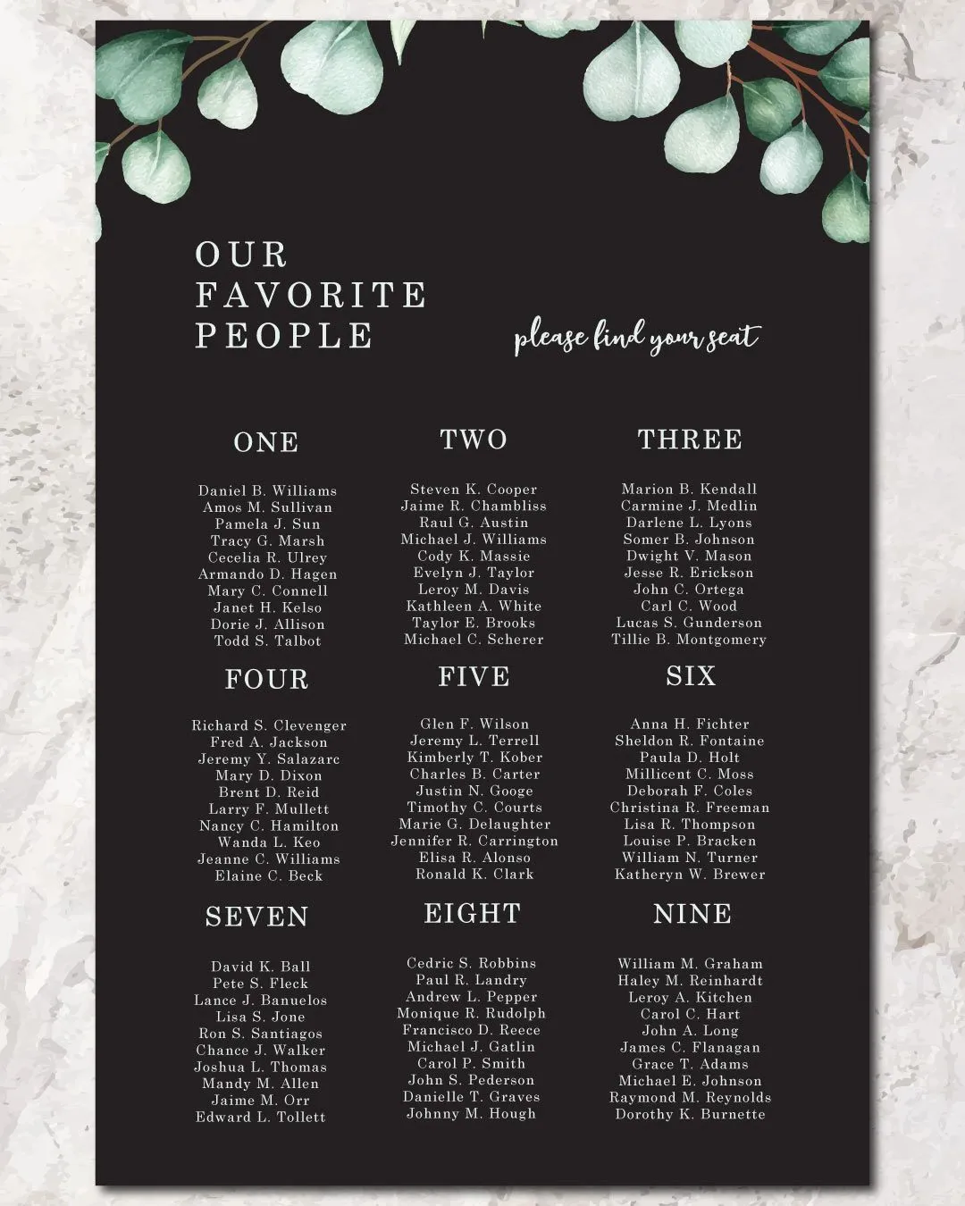 Eucalyptus Black Background Seating Charts