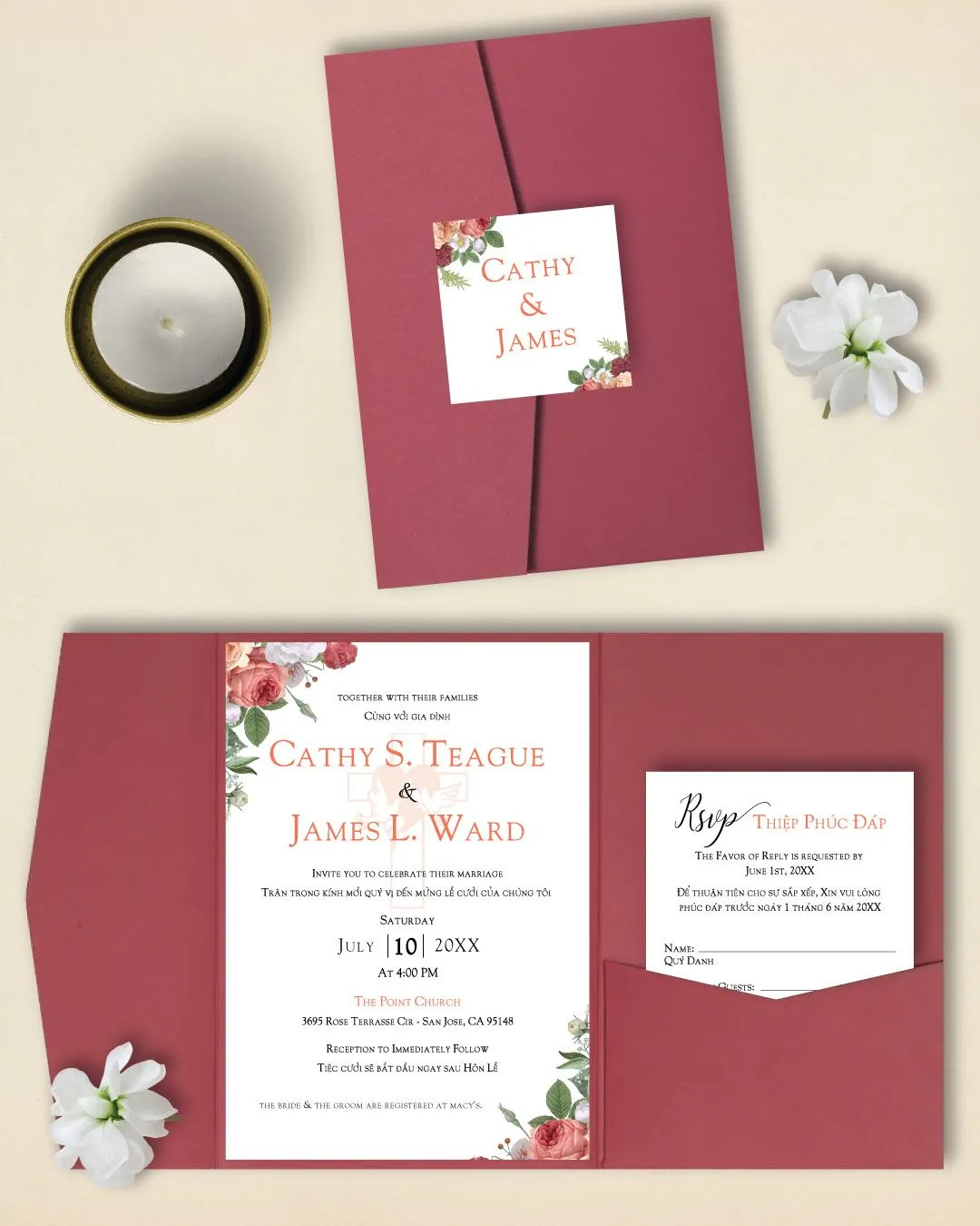 Design Autumn Flowers A7 Himalaya Pocket Vietnamese & English Wedding Invitation