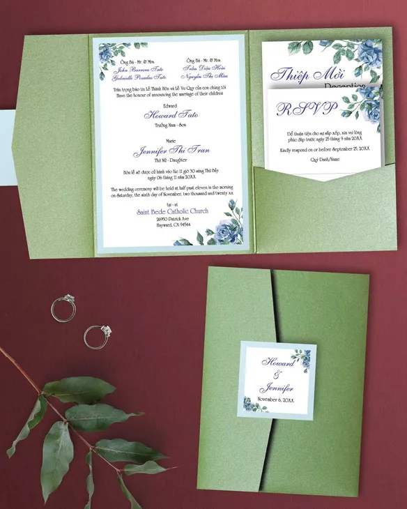 Design Winter Flowers A7 Himalaya Pocket Vietnamese & English Wedding Invitation