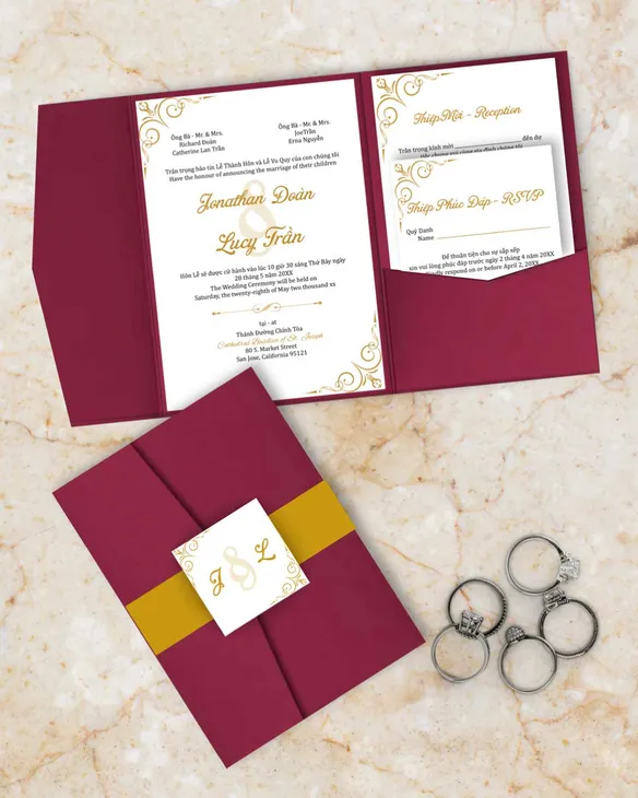 Simple Motif In The Corners A7 Himalaya Pocket Vietnamese & English Wedding Invitation